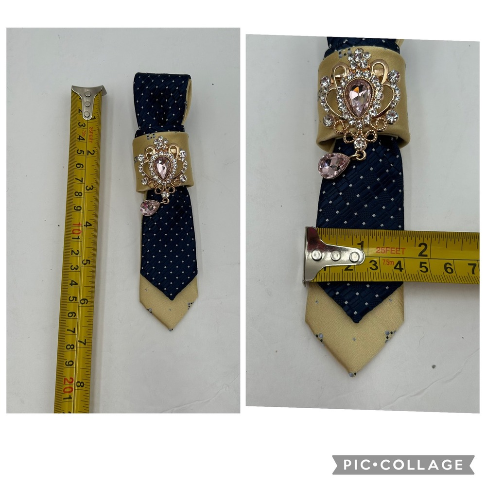 Upcycled Silk Tie Statement Necklace & Lapel Pin Set Navy Gold Izod Perry Ellis - Picture 7 of 10